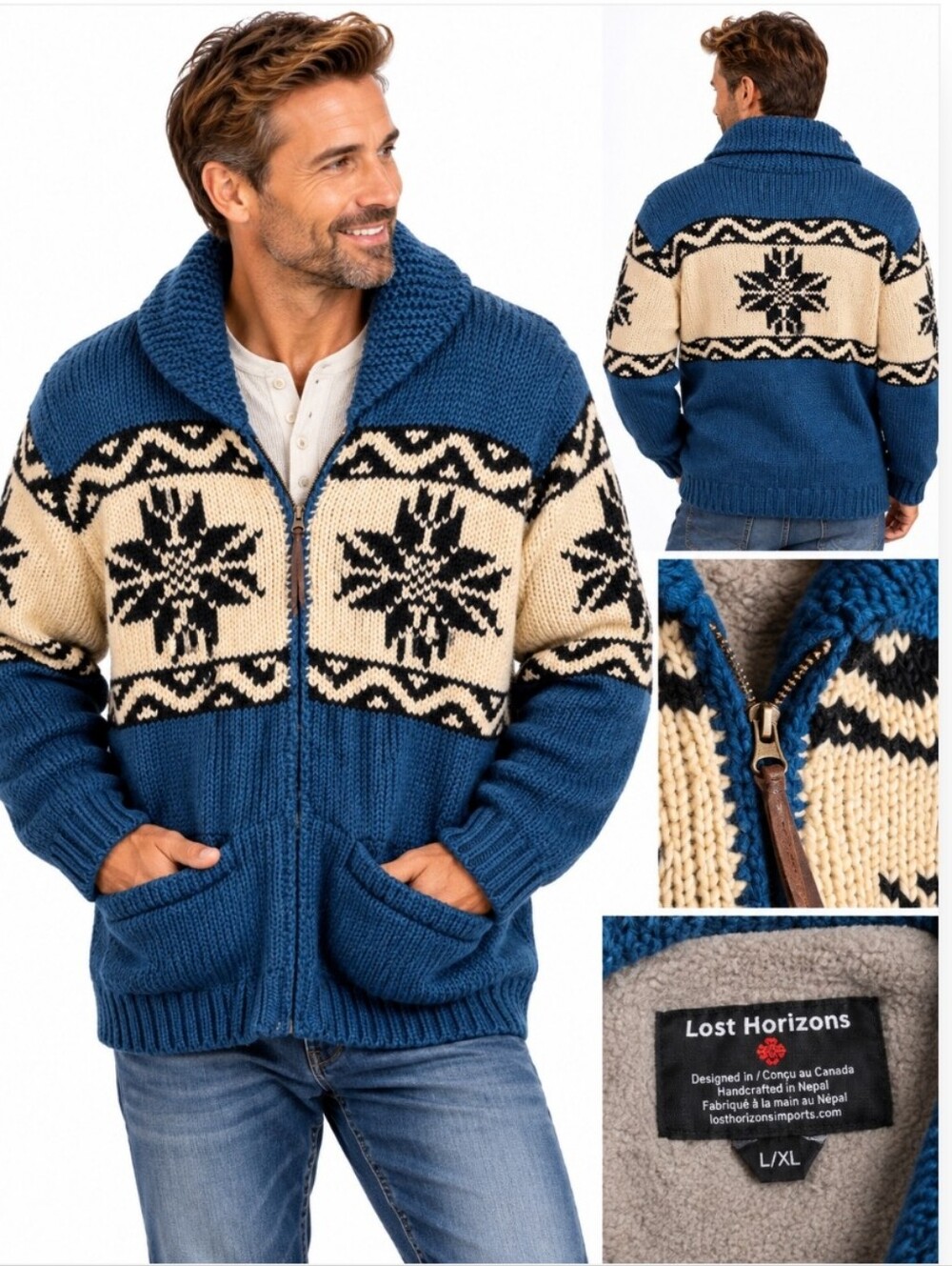 Lost Horizons Cowichan Wool Sweater Eagle Nordic Full Zip Cardigan L/XL